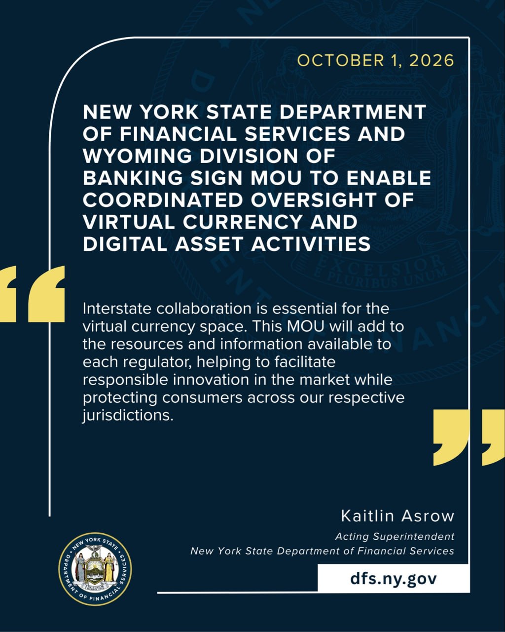 Os reguladores financeiros de Nova York e Wyoming assinaram um acordo para coordenar a supervisão de empresas de criptomoedas